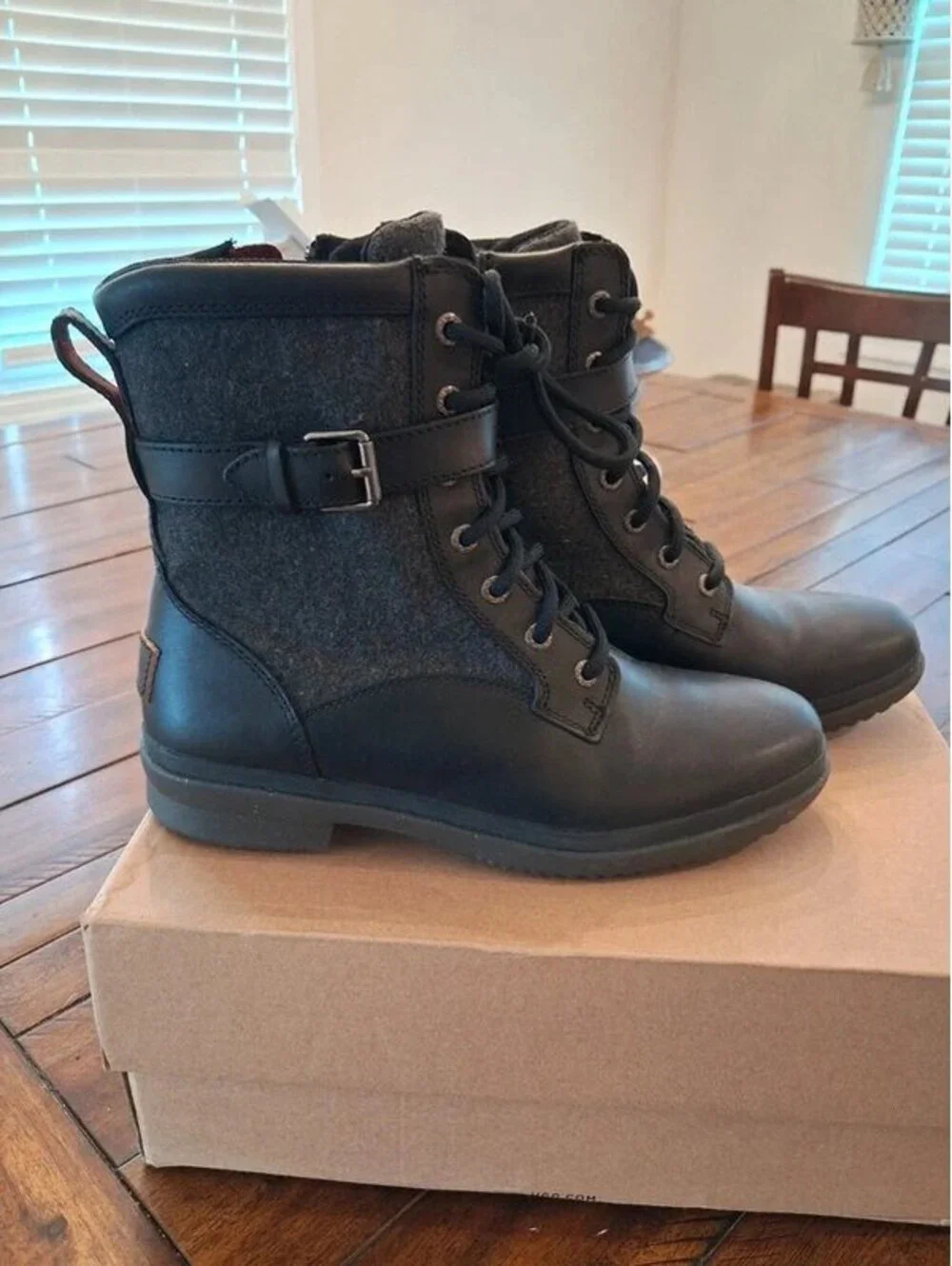 New UGG Women’s Black Leather & Wool-Lined Combat Boots – Size 8